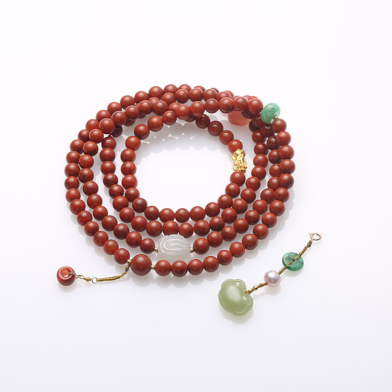 Natural Nan Hong agate four-circle hanging Hetian Jade Fortune lock bracelet, 999 pure gold PI Xiu double pendant multi-circle bracelet details Picture