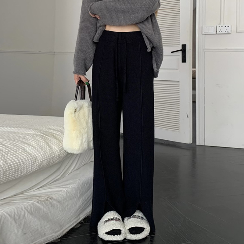 2023 Autumn And Winter New Knitted Wide Leg Pants Women's High Waist Loose Slim Casual Pants Vertical Vertical Slit Mopping Pants Specification drawing