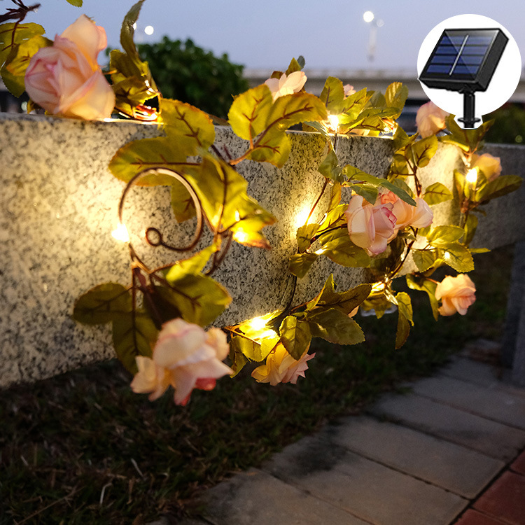 led灯串 户外庭院装饰玫瑰花藤条灯 新款彩灯串 太阳能玫瑰花灯串