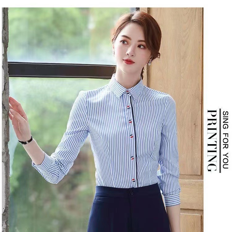The 2024 new style of professional shirt for women, a short-sleeved blue and white striped white-collar business shirt, is simple and elegant Specification image