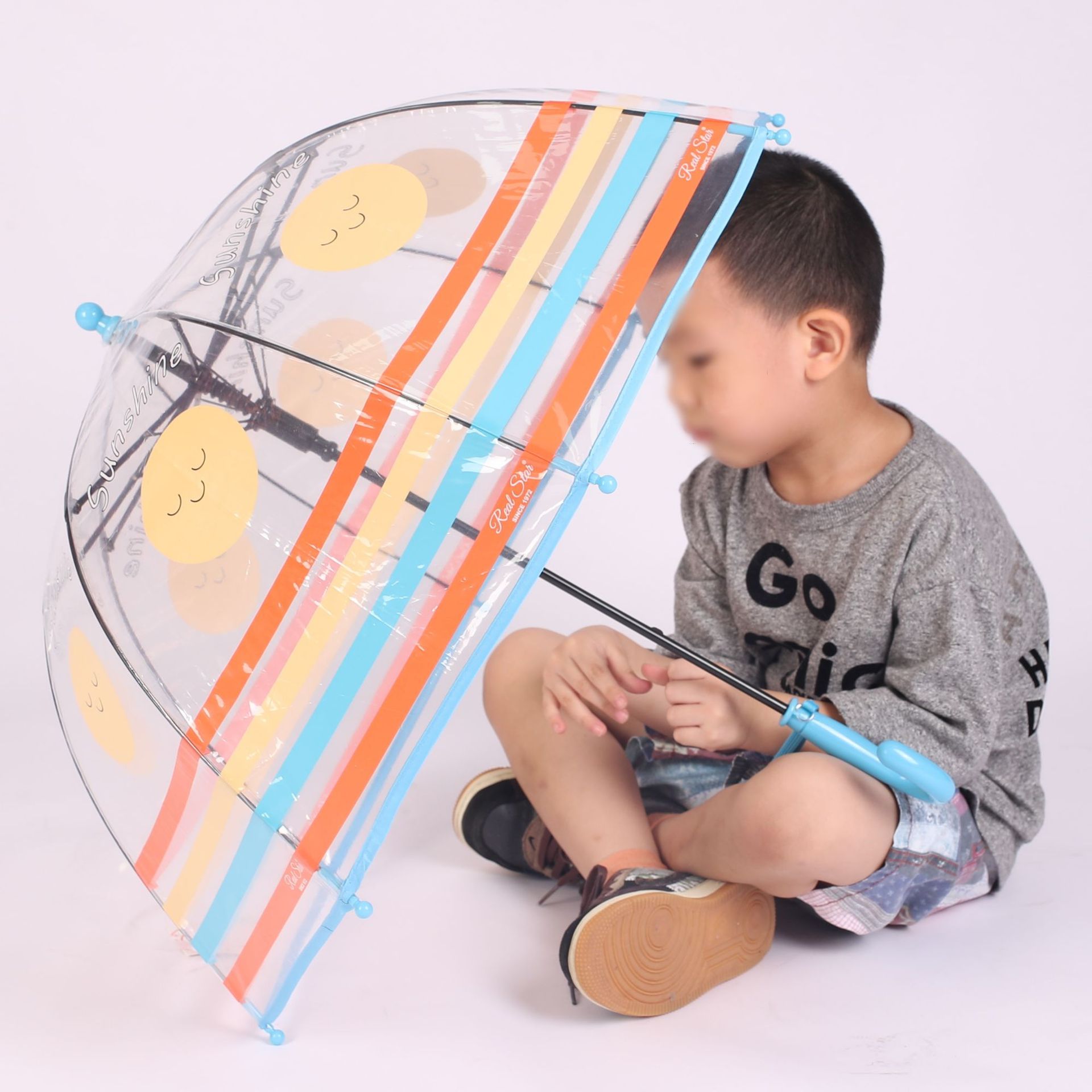[Japan and South Korea new] 043A children's automatic transparent umbrella 19-inch button open rainbow smiley face umbrella bag edge export