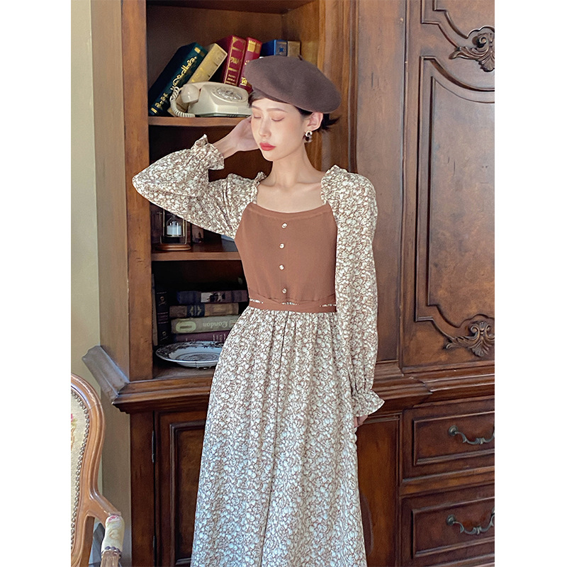 .[lata] trece líneas de ropa de mujer otoño 2021 nuevo estilo coreano vestido floral cintura alta retro moda temperamento Specification image