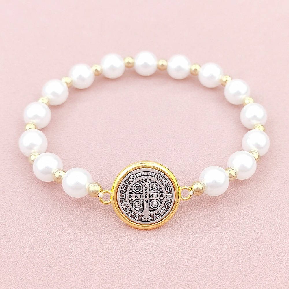 European And American Foreign Trade Cross-Border Amazon Temu Hot New Saint Benedict Exorcism Pendant Bracelet Imitation Pearl Lady Bracelet Couple Gift Manufacturers Wholesale details Picture