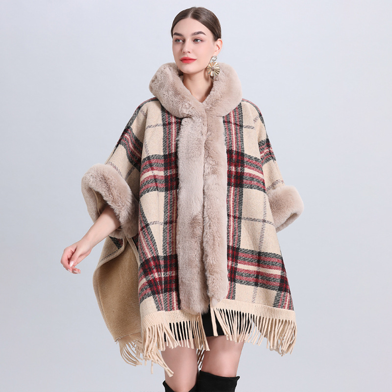 869# Factory Direct Sales Loose Plaid Plaid With Thick Wool Collar Knitted Shawl Cape Women's Woolen Shawl Coat details Picture