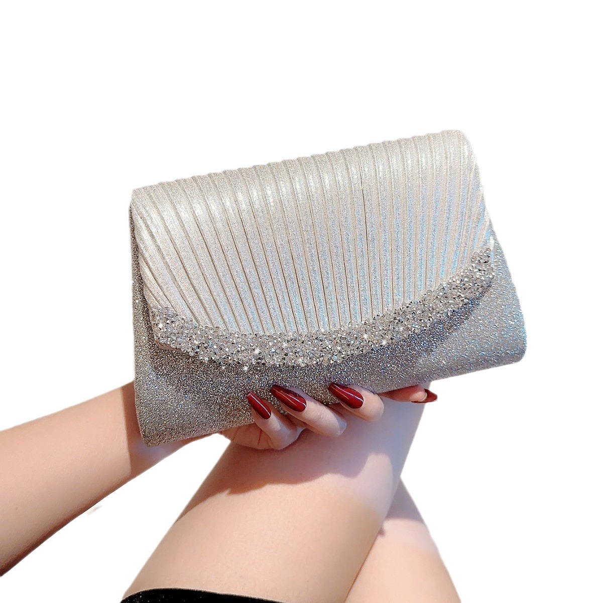 Glitter Dinner Bag Silver Pleated Diamond Premium Touch Clutch Bag With Dress Bag Celebrity Bag Crossbody Chain Bag Item Picture
