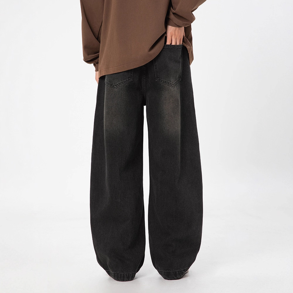 Washed, aged, split design, curved knife jeans for men's spring collection, high street retro loose straight-leg casual long pants Specification image