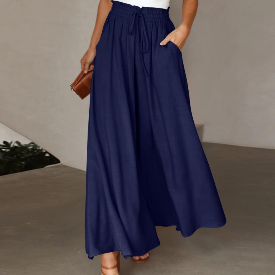 Europe And The United States Cross-Border Summer New Women's Wide Leg Trousers Elastic Belt Wide Leg High Waist Long Culottes Female Spot details Picture