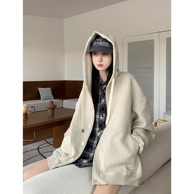 The 2023 autumn new style of laid-back Waffle long-sleeved hooded sweatshirt with a loose and casual design for women Specification image
