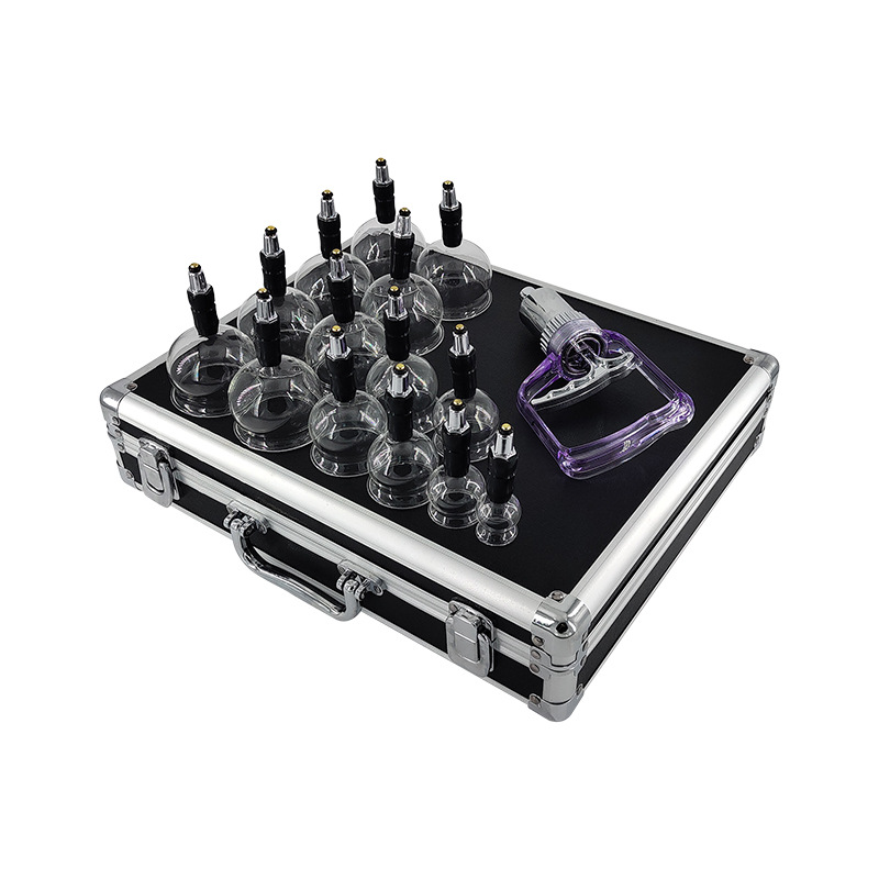 Customizable logo 14-head long-mouthed glass cupping set, family fire-free aluminum box round glass cupping device Item Picture