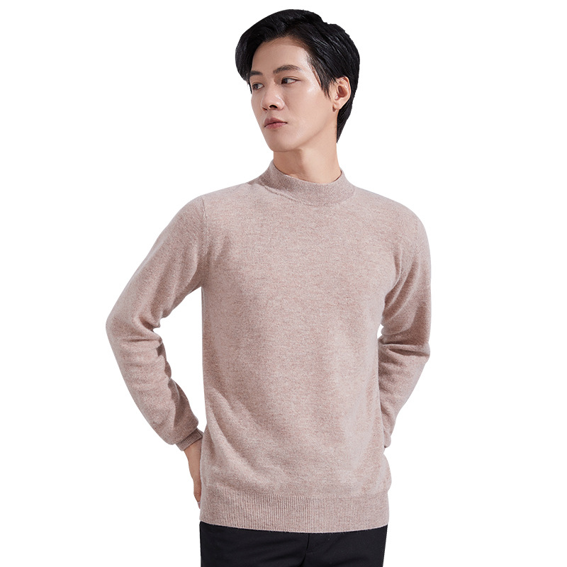 The new 100% pure wool sweater for men's business trend in autumn and winter is a solid color semi-high neck long-sleeved pullover with a knitted sweater underneath Item Picture