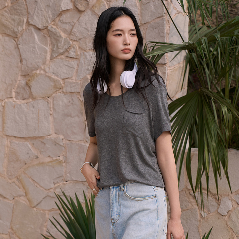 Tencel acetato de lino manga corta mujer primavera verano 2026 polainas de cuello redondo bolsillos rayas minimalista diseño sentido camiseta Application Scenario