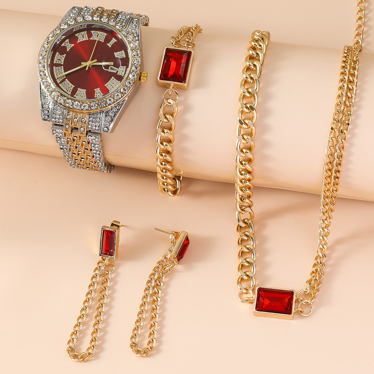 2024 Best-selling Roman numeral diamond-encrusted ladies' watches in Europe and America, fashionable and versatile, trendy brand, light luxury, large dial quartz watch set Specification image