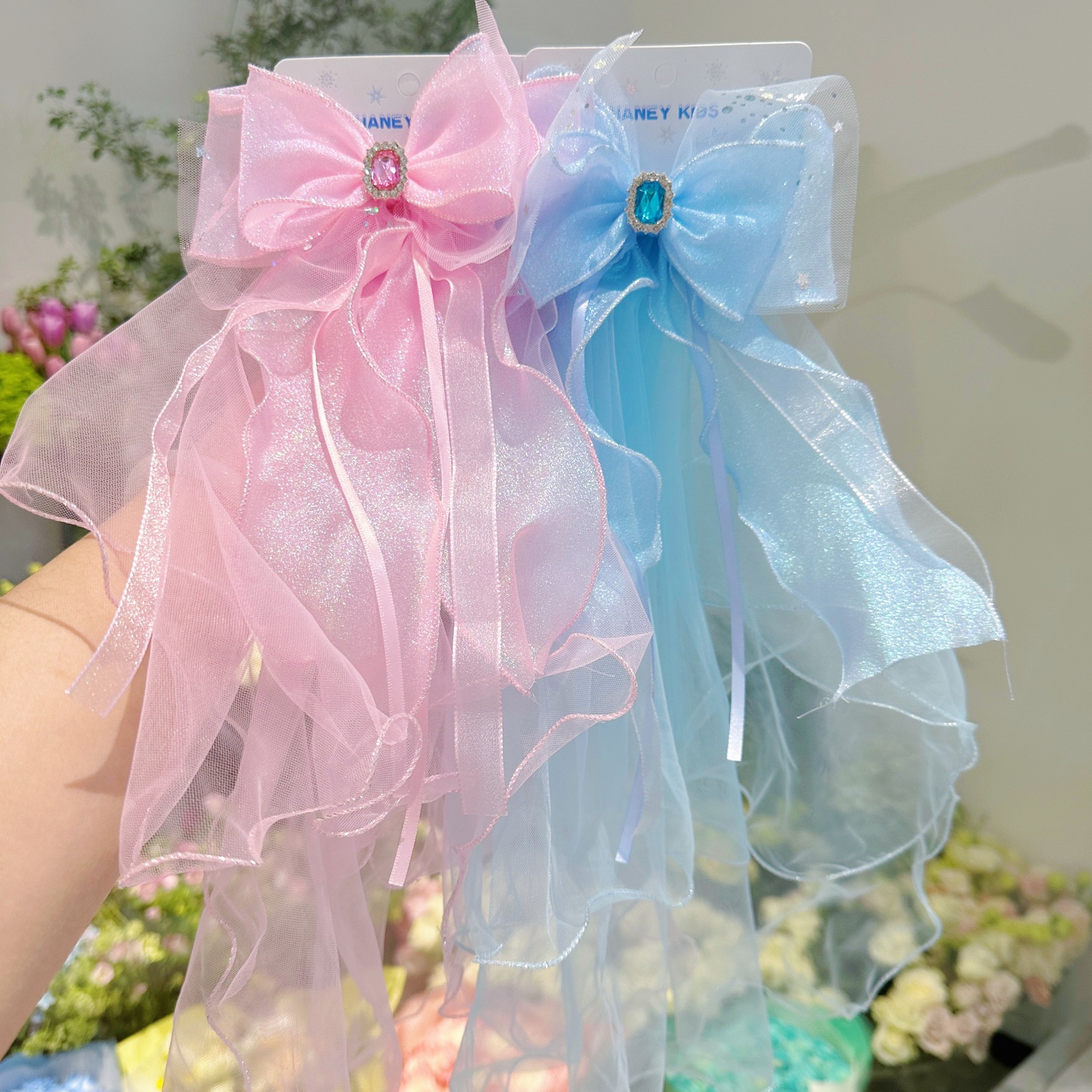 Children's Hairpin Elsa Princess Bow Delicate Veil Crown Baby Birthday Flower Child Wedding Dress Girls Hair Accessories details Picture
