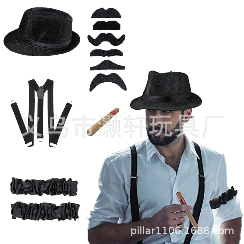 1920 Gatsby Man Gangster Dress Black Jazz hat Braces Arm circle Beard Pipe Costume accessories set thumbnail