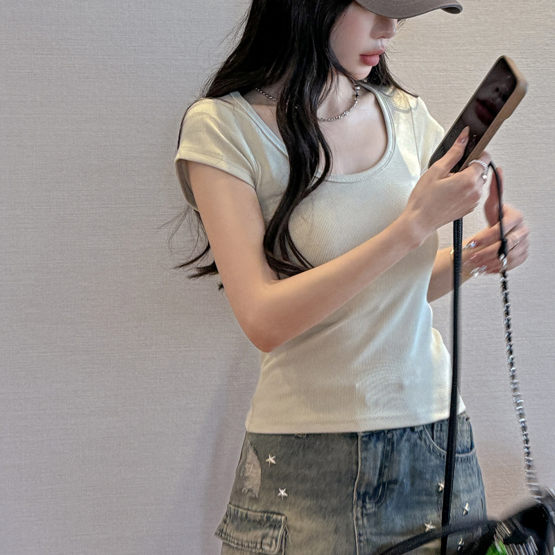 螺纹大圆领正肩短袖t恤女式夏季内搭显瘦高级感纯欲T恤上衣打底衫