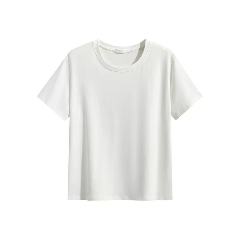 Simple and versatile, shoulder-length, elegant, elastic cotton short-sleeved T-shirt for women, spring and summer, round-neck solid color basic base layer top Item Picture