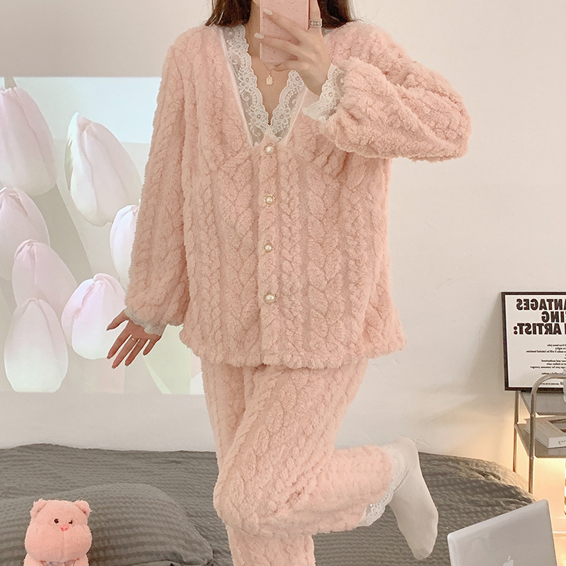Popular Sexy Pajama Lady Flannel Winter Thickened Set Lace Lace Pajama Coral Velvet Pure Wind Home Wear Application Scenario