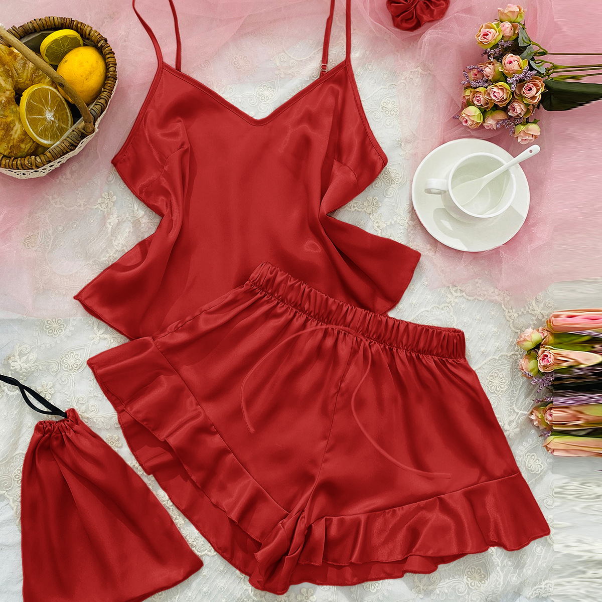 A simple and casual three-piece set of silk-like spaghetti-strap home wear, ice silk backless spaghetti-strap shorts set, and sexy pajamas for women Specification image