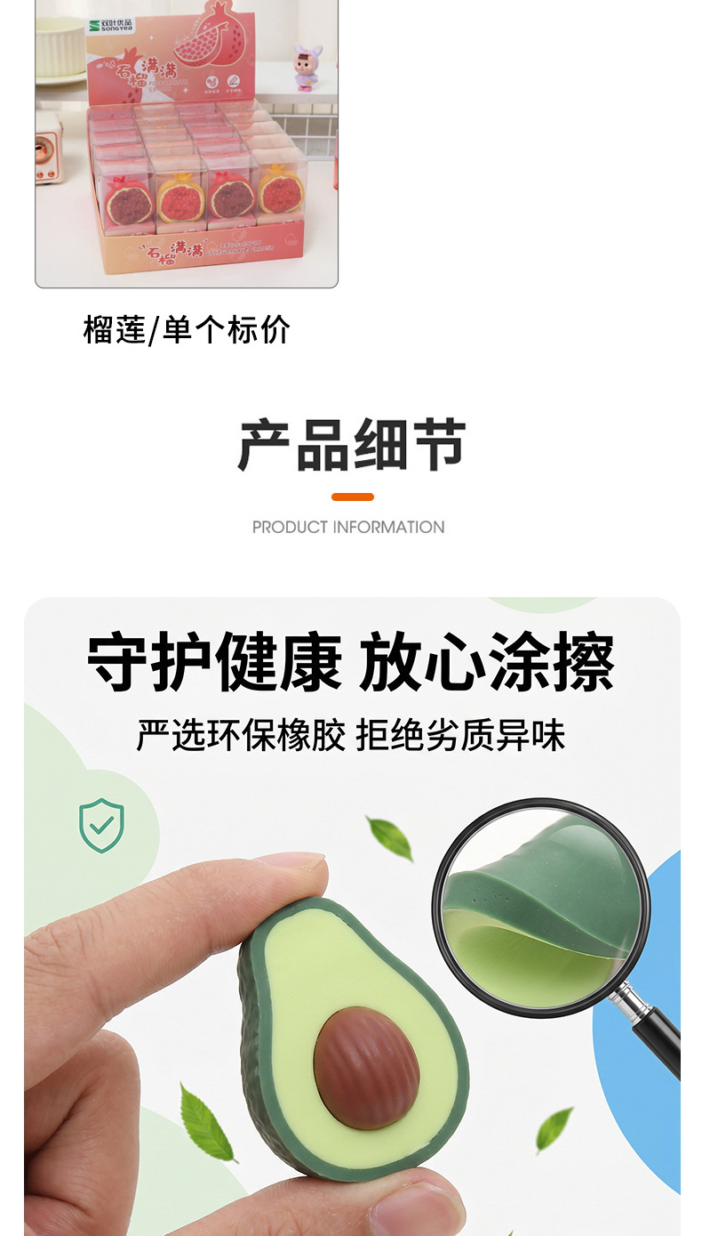 创意水果造型橡皮擦牛油果石榴榴莲高颜值学生办公文具不留痕橡皮详情8