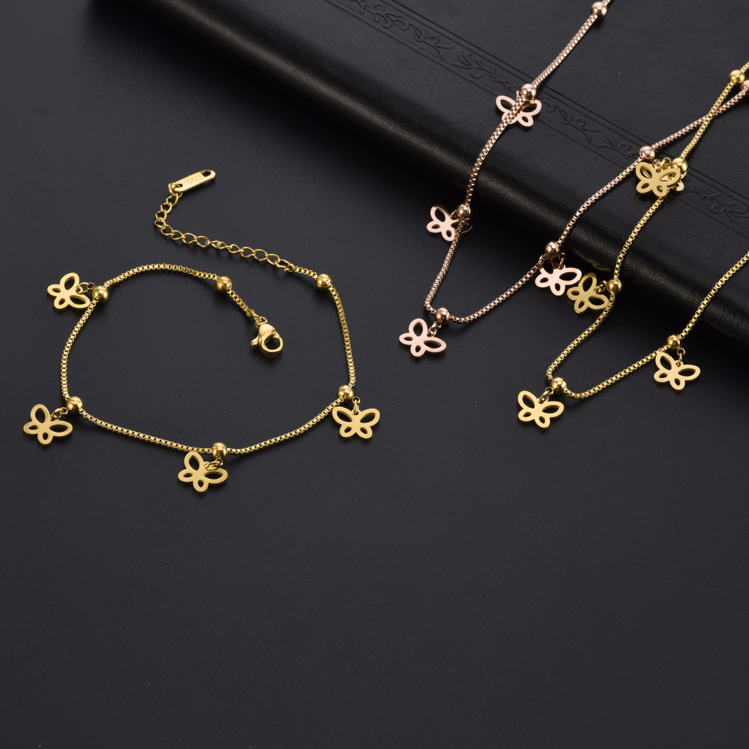 跨境新款时尚气质女钛钢首饰盒仔链夹珠链镂空多蝴蝶脚链项链手链