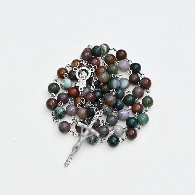 Foreign trade Saint Benedict Cross necklace, gradient rosine cross jewelry, handcrafted curved needle sweater chain, round bead chain Specification image