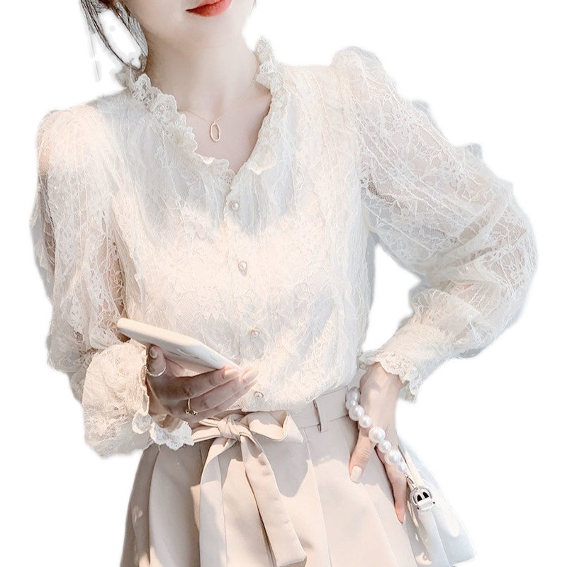 The new women's clothing of the same style as in the mall for the autumn of 2024, French sweet and gentle style lace blouse, fairy long-sleeved chiffon shirt Item Picture