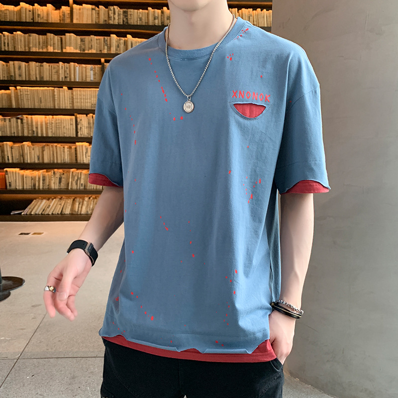 Summer Instagram Hong Kong style refreshing men's outfit Fake two short-sleeved T-shirts, trendy and trendy brand perforated ink-wash loose T-shirts Application Scenario