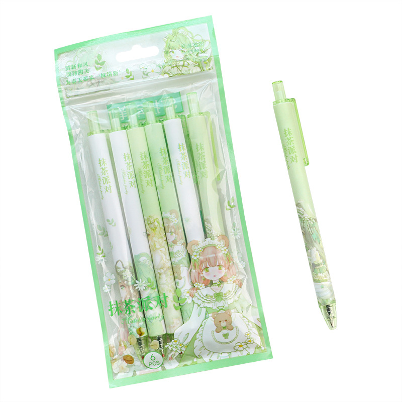 Bag 6 Matcha Party Press Neutral Pen Student St Pen Quick-Drying Water-Based Pen Black Signature Pen Office Item Picture