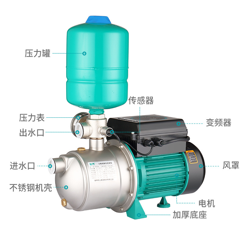 The New Territories variable frequency booster pump is a fully automatic stainless steel water pipeline booster for household and villa constant pressure water supply Specification image