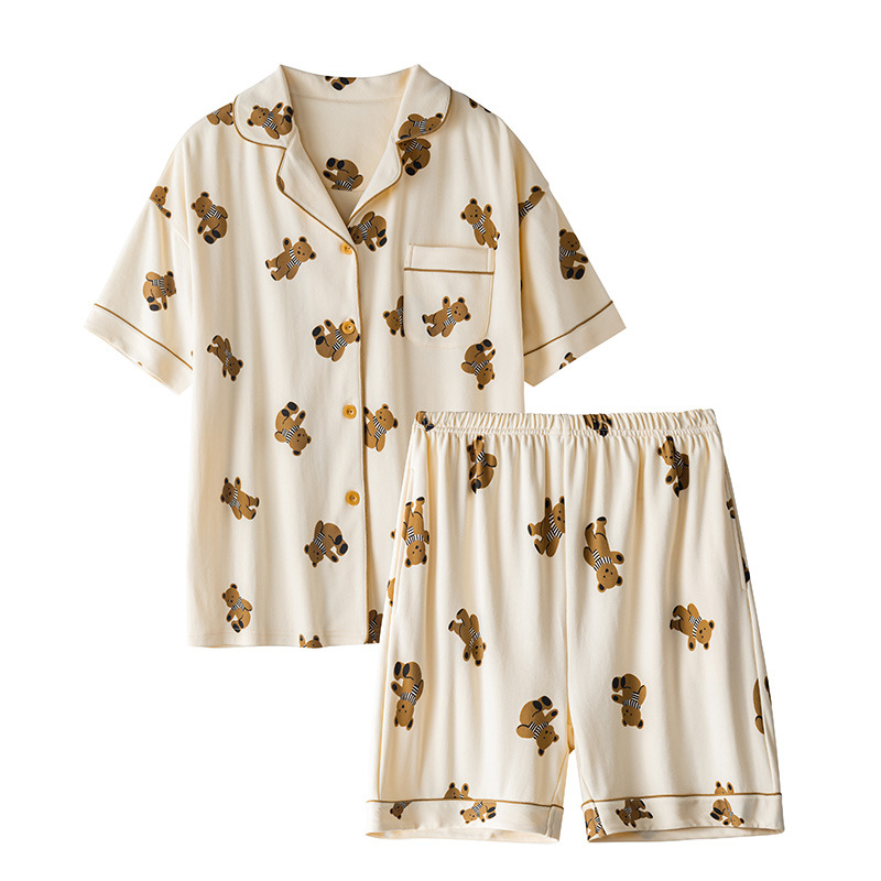 Mengyu Nian Summer Women's lapel cardigan Short-sleeved pajama Set, sweet and suitable for outerwear, knitted cotton home wear Item Picture