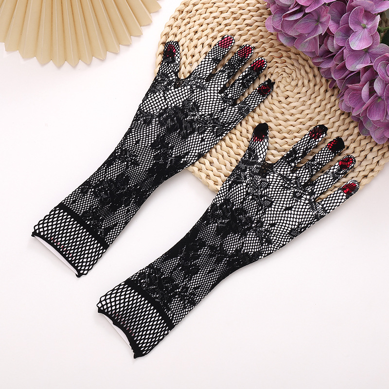 Long gloves Transparent lace women's five fingers thin breathable sunscreen bridal bridal accessory fishnet elastic gloves thumbnail