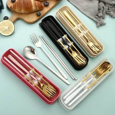 304 Stainless Steel Portable Tableware 3-Piece Set Korean Spoon Fork Chopsticks Student Camping Tableware Set Gift