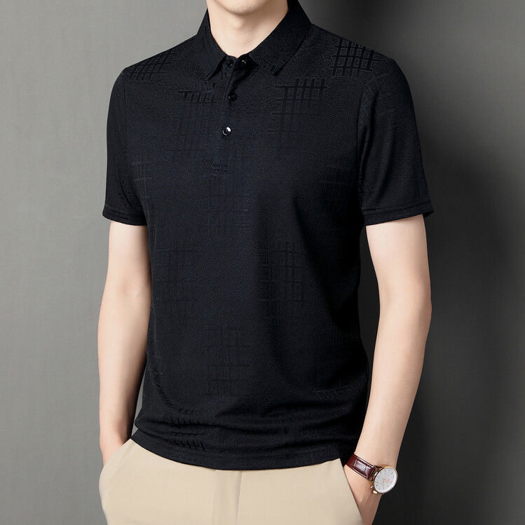 2022 New summer lapel solid-color mulberry silk short-sleeved T-shirt men's polo shirt business fashion casual men's wear details Picture
