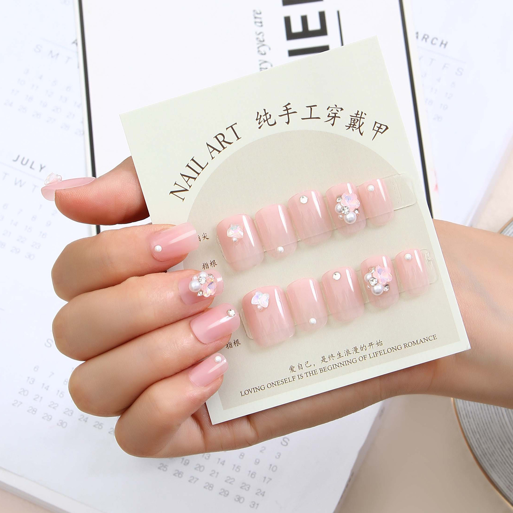Nude New Handmade Nail Pink Flower Cute Wear Nail Short Nail Piece Square Head Free Film Free Gift Kit Application Scenario