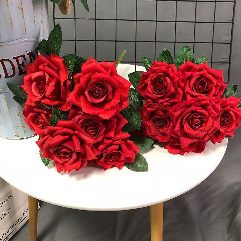 7头绒布角玫瑰仿真花假花七头客厅婚礼装饰厂家批发婚庆摄影道具