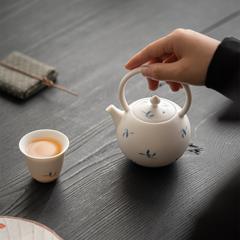 Moji matte hand-painted autumn water orchid handle teapot, a scholar's household teapot for brewing and filtering, a Japanese-style teapot Specification image