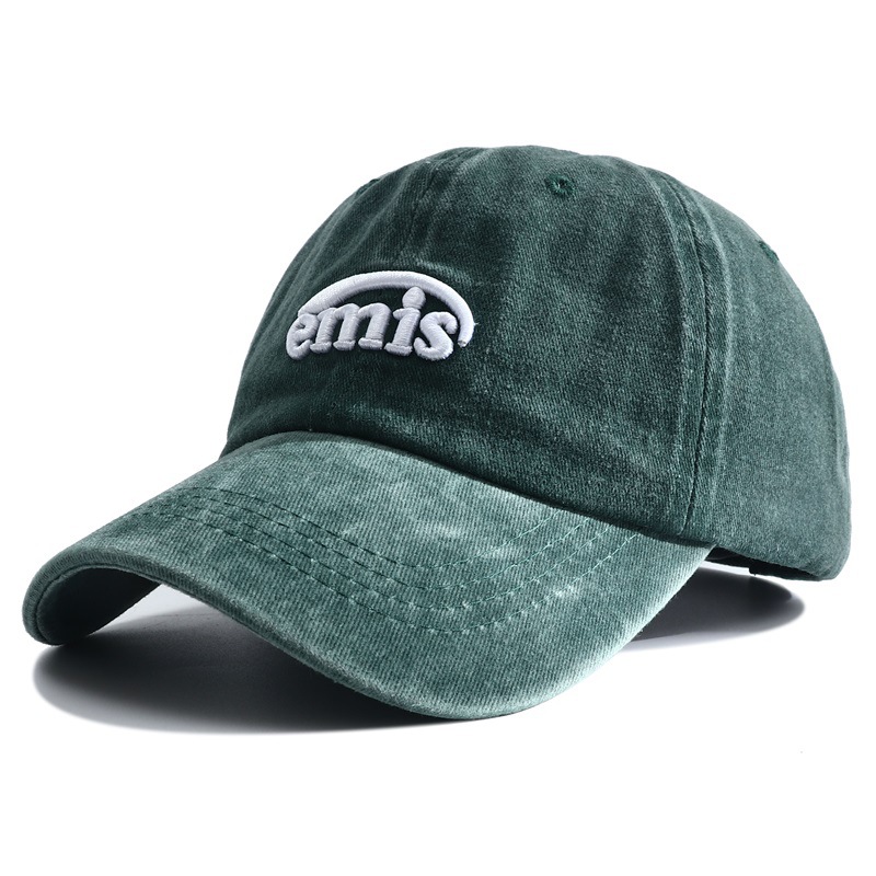跨境新款EMIS字母绿色棒球帽女复古做旧水洗鸭舌帽夏季户外防晒帽图