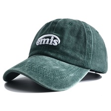 跨境新款EMIS字母绿色棒球帽女复古做旧水洗鸭舌帽夏季户外防晒帽