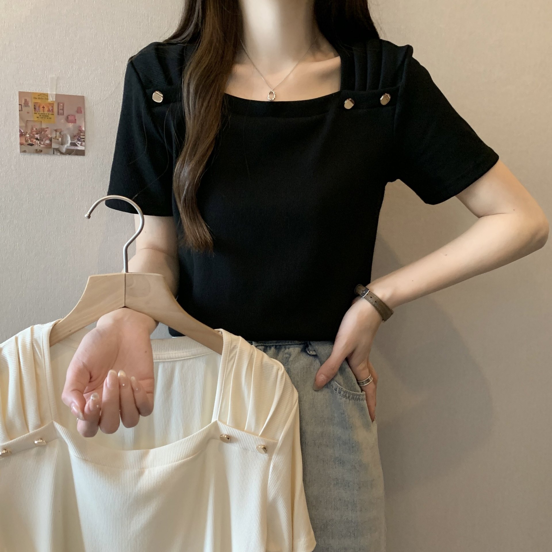 方领正肩短袖t恤女2026年夏季显瘦宽松设计感欧货短袖上衣A11743详情11