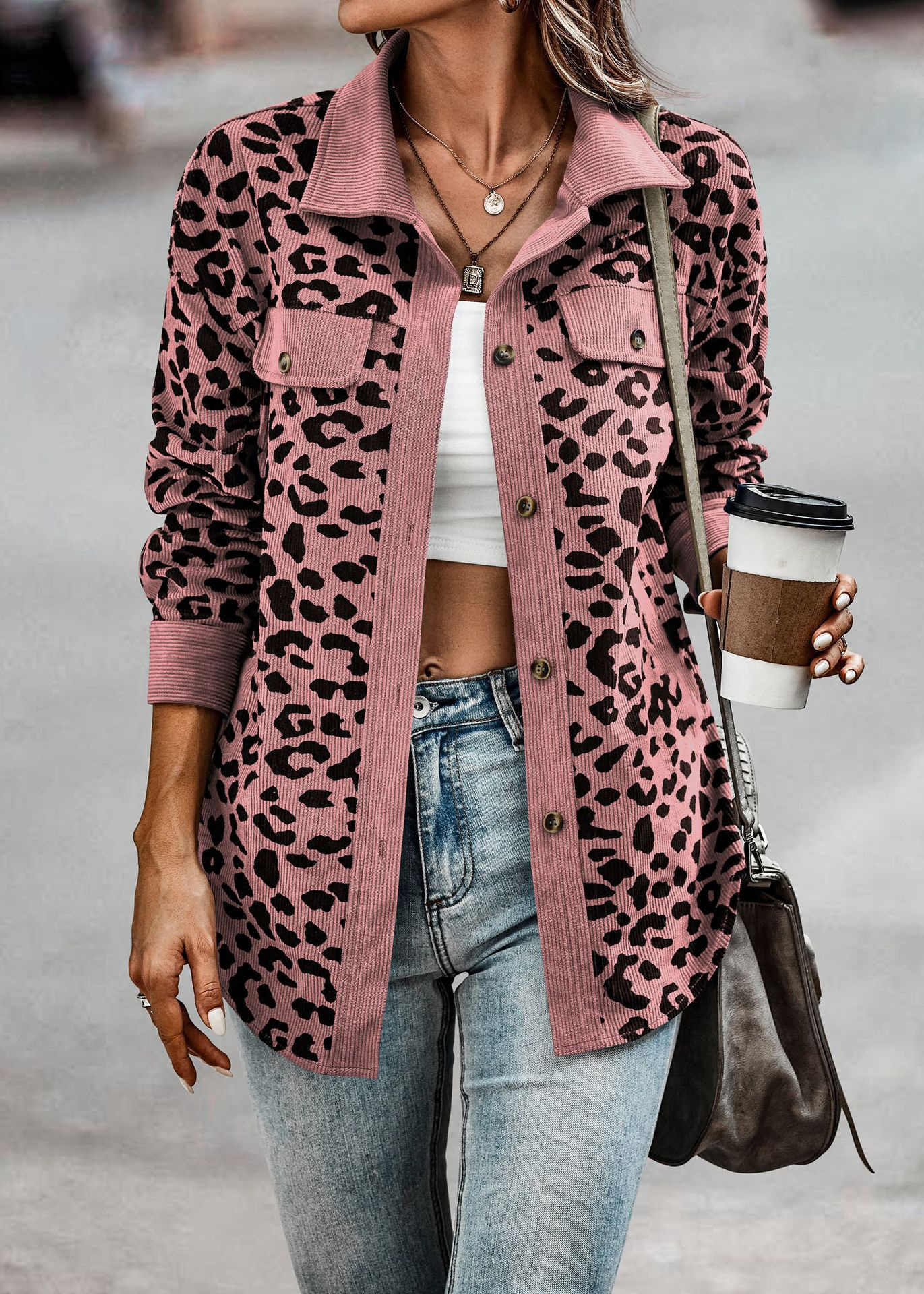 2022 Amazon Cross-border Women's Clothing Autumn/Winter Fashion Leopard Print Button Long-sleeved Jacket for women details Picture