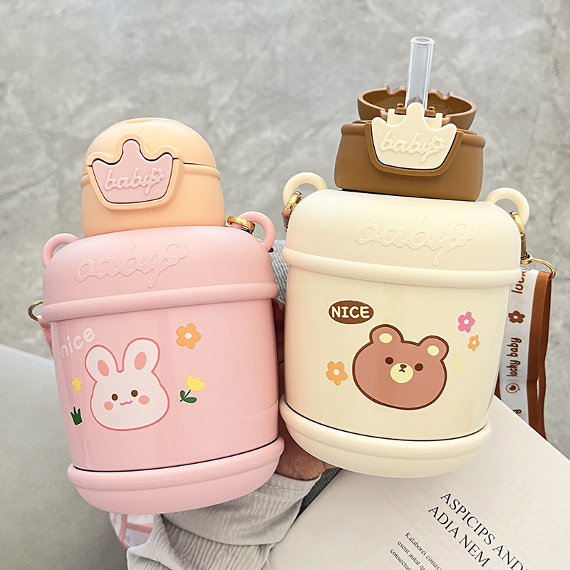 Creative high appearance level baby water bottle, children's cute straw water cup, crossbody convenient stainless steel insulated cup for women wholesale Specification image