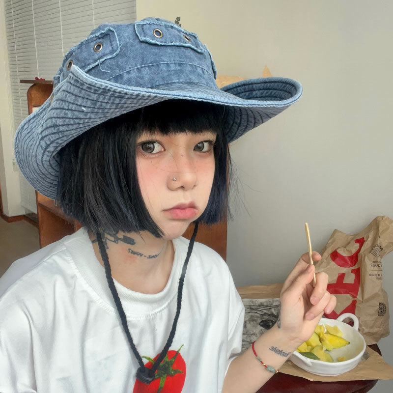 户外西部牛仔水洗渔夫帽女大檐登山露营帽休闲运动爬山情侣遮阳帽