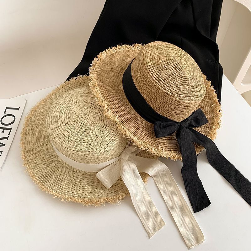 Bow Straw Hat Flat Straw Hat Braided Large Brim For Women Summer Vacation Beach Sunshade Hat