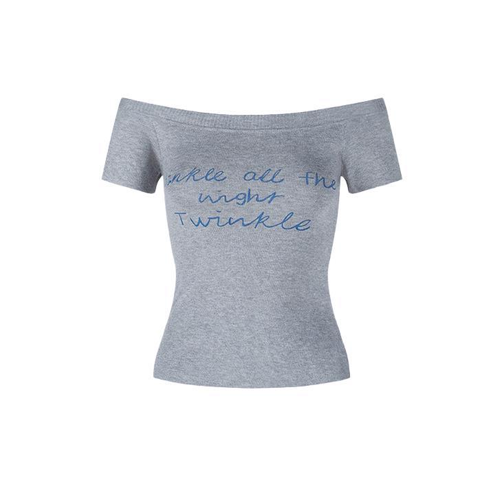Summer hot girl one-shoulder letter-printed short-sleeved knitted sweater for women, sexy off-the-shoulder T-shirt top for spring and summer Item Picture