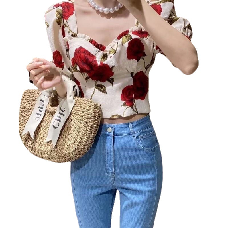 A French retro Hepburn square neck collarbone design with a Hong Kong style, short, high-waisted, puffed sleeve floral top for women Item Picture