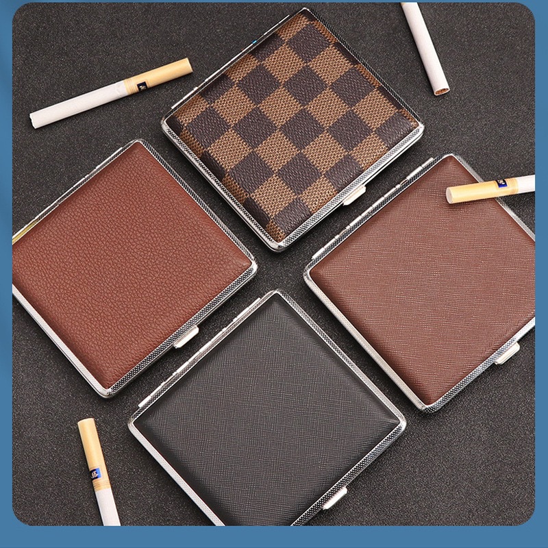 Leather pattern cigarette case Men's lightweight 20 pieces metal clip leather cigarette case creative personality cigarette case