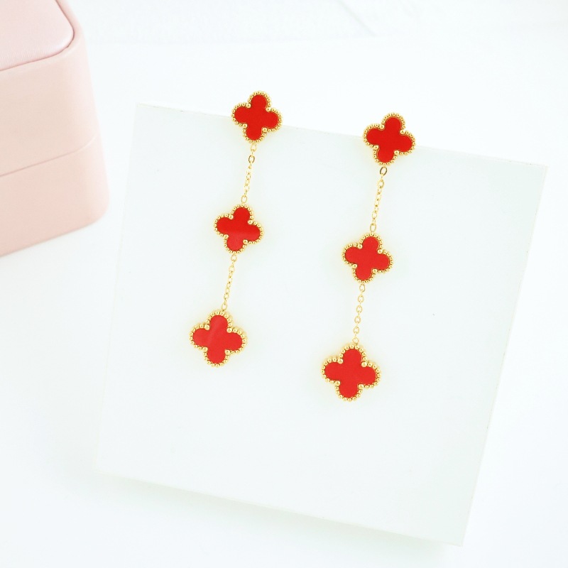 Moda encanto diseñador estilo de cuatro hojas pendientes largos titanio acero chapado 18K oro de alta calidad sentido transfronterizo auricular details Picture