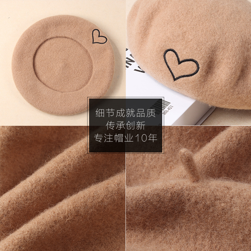 Korean-Style Fashionable Heart-Shaped Embroidered Beret For Women, Wool Beret For Autumn And Winter, Knitted Hat, Painter's Hat Application Scenario