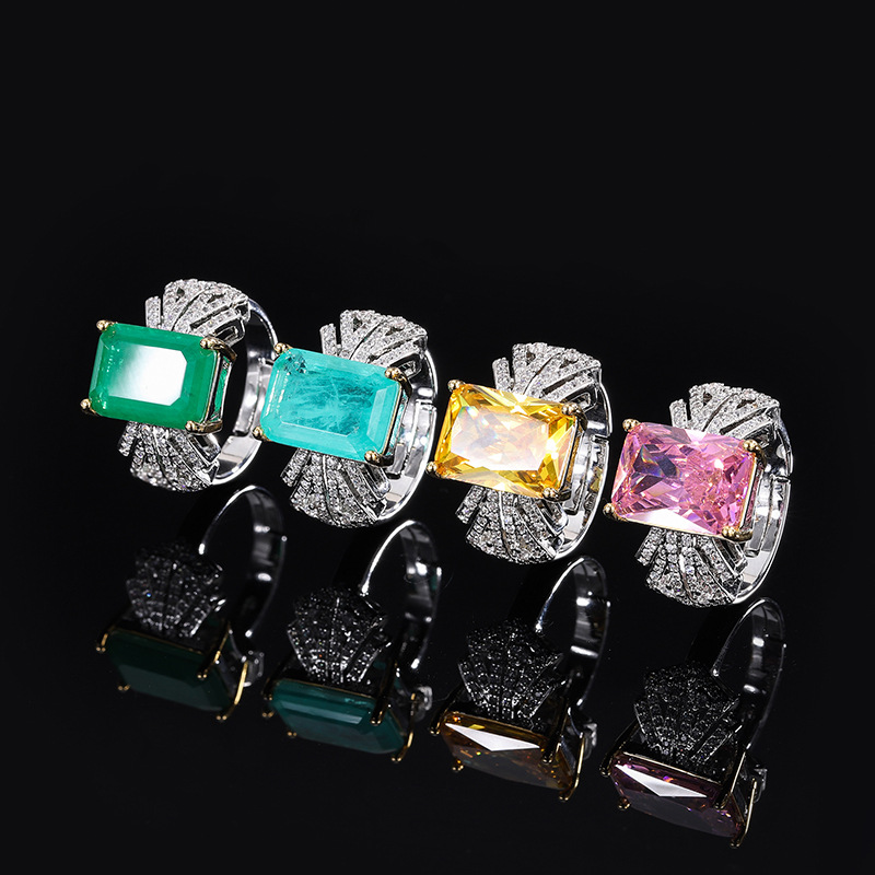 Cross-border Amazon pink zirconium ring, women's Parra emerald ring, European and American retro set zirconium square ring