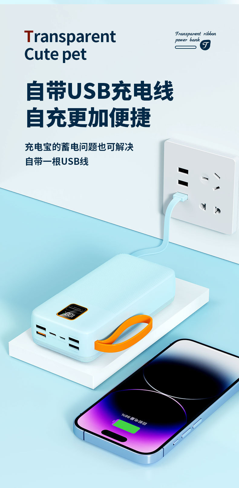 跨境新款120W超级快充大容量20000毫安自带线移动电源批发数码电脑手机配件详情8